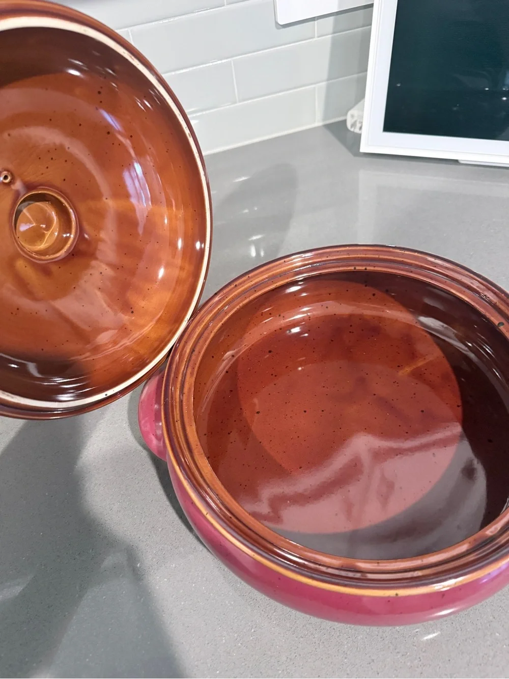 Ceramic Covered Casserole Dish in Brown and Pink
